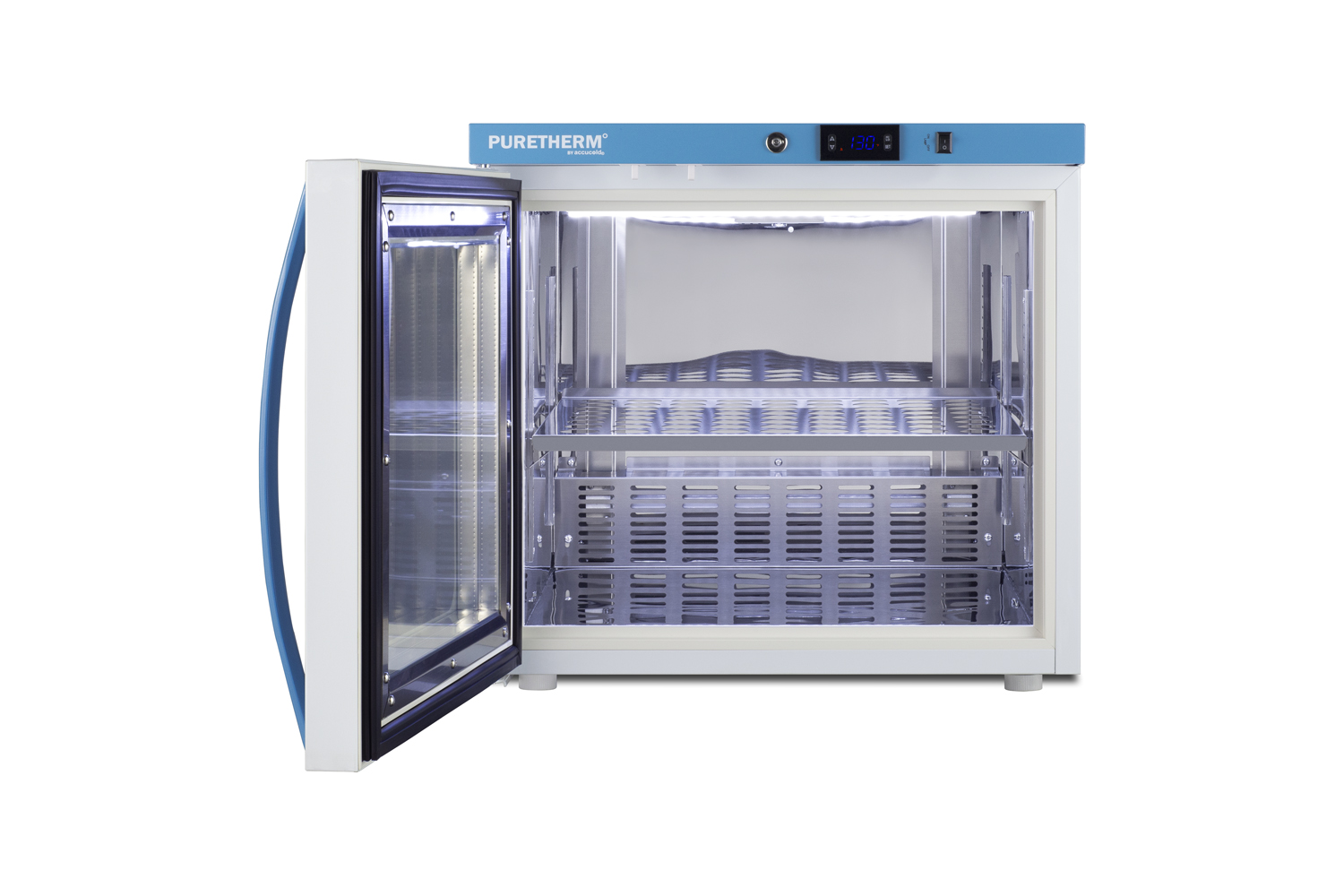 Performance Series tabletop hospital blanket warmer with a self-closing glass door, stainless steel interior, digital thermostat, and lock
